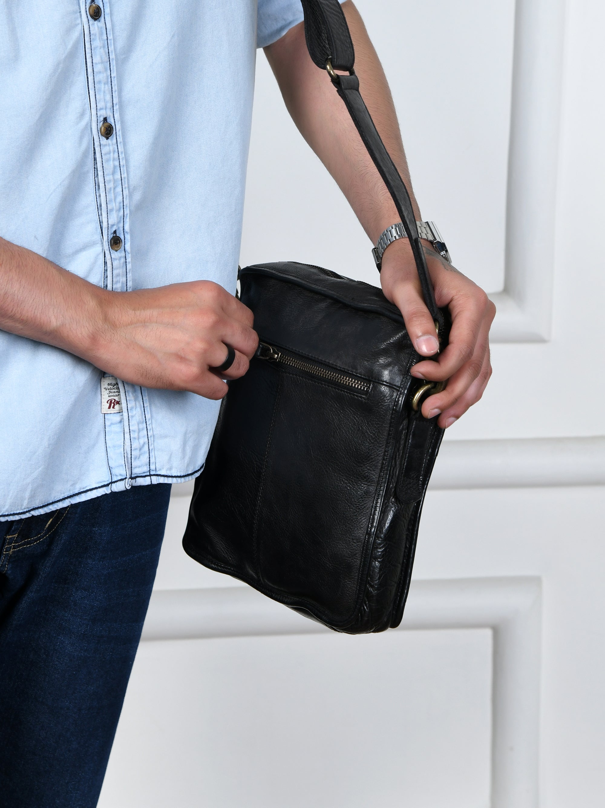 Verdant Trail Leather Sling Bag – Black Colour